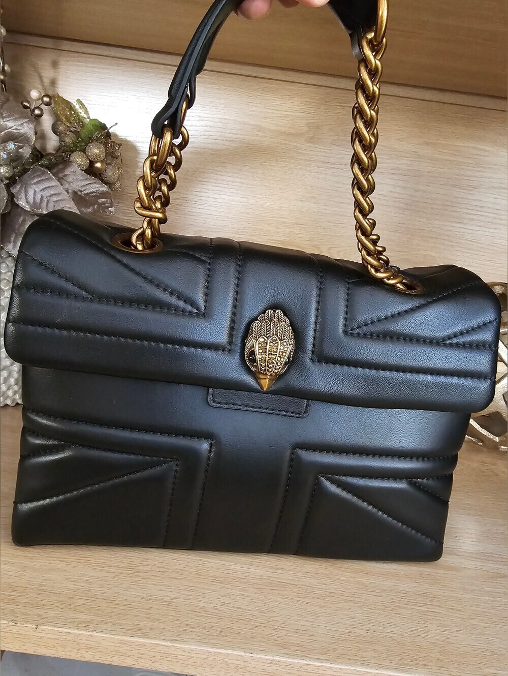 Kurt Geiger Kensington Black Large Quilted Leather  Bag with Gold Chain.
